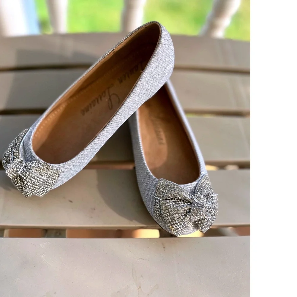 Lauren‎ Lorraine Silver Glitter Rhinestone Bow Ballet Flats Kids Size 10.5 NWB